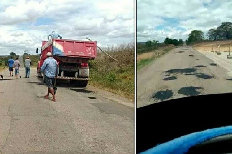 Cansados de esperar o Governo, moradores fazem mutirão tapa buraco em Pinhão